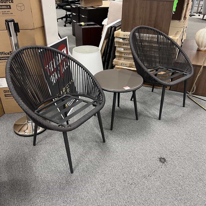 SET – 2 Dark Grey Outdoor Patio Chairs with Cushion and 1 Glass Side Table Office Furniture Liquidations