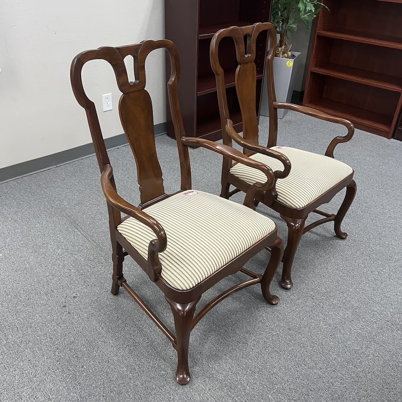 Set of 2 – Baker Furniture Carved Walnut and Beige Dining Chair with Arms Office Furniture Liquidations