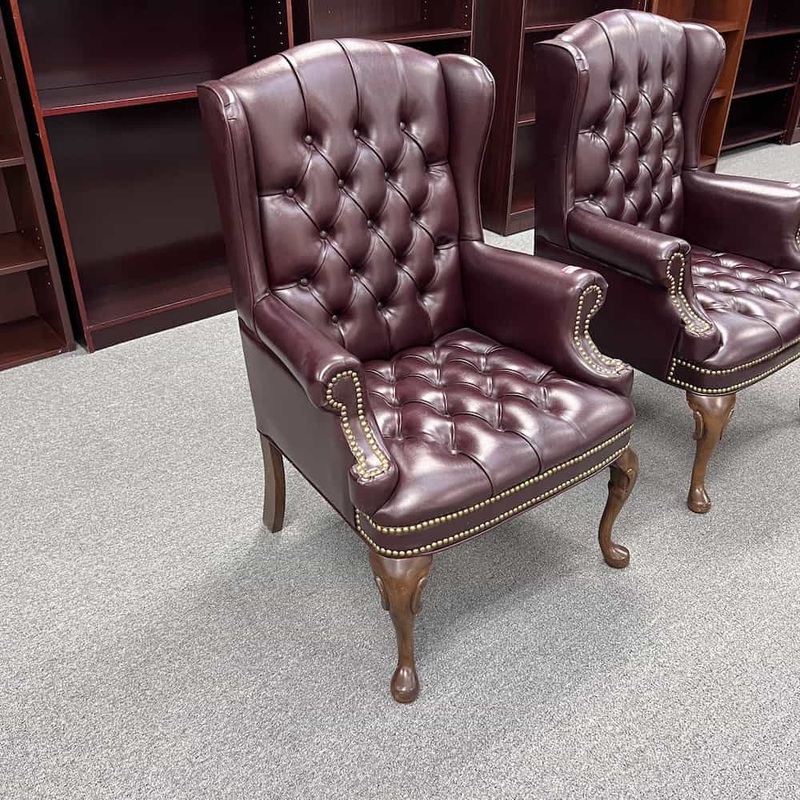 Set of 2 – Burgundy Traditional Studded Wing Back Arm Chair Office Furniture Liquidations