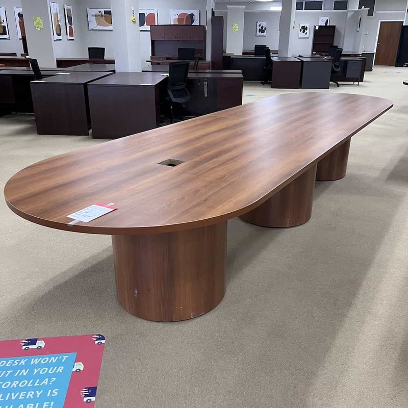 14 Ft Walnut Racetrack Conference Table with Cylindrical Base Office Furniture Liquidations