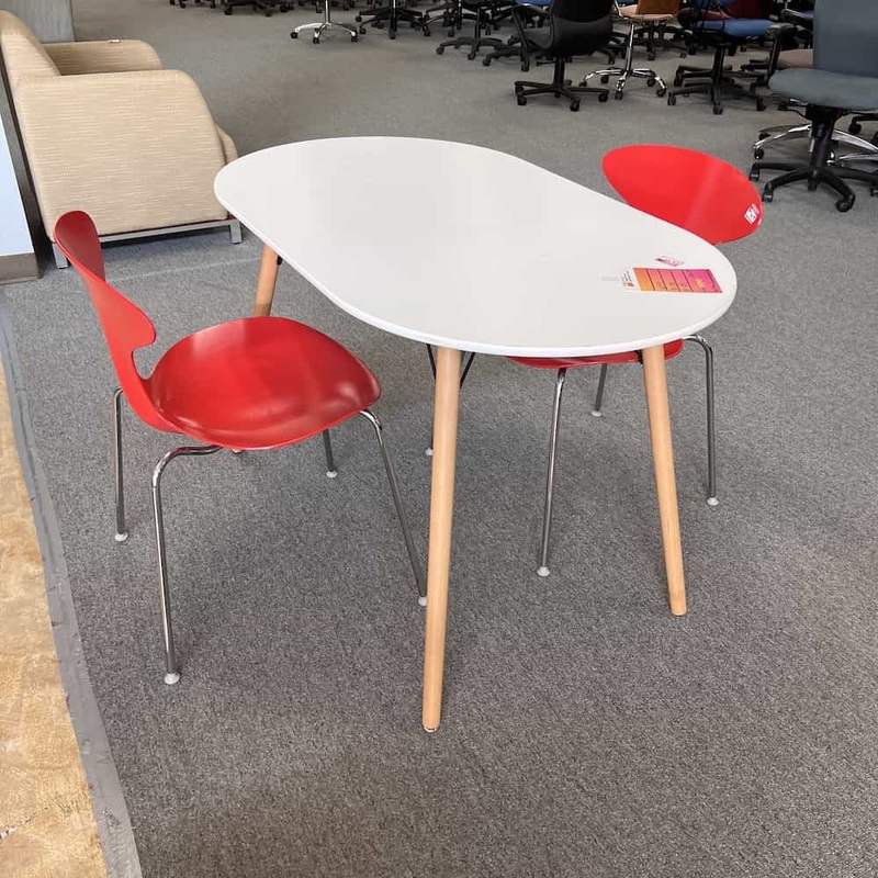 47″ White Ikea Racetrack Table with Maple Legs Office Furniture Liquidations