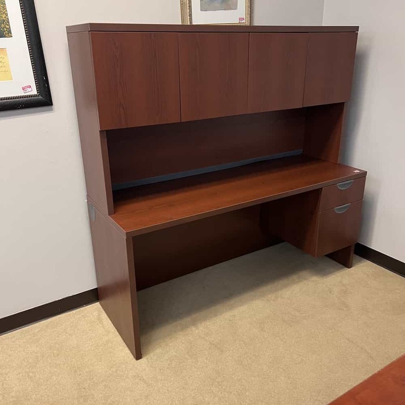 66″ Haworth Mahogany and Black Desk with Hutch and 1 Hanging File Office Furniture Liquidations