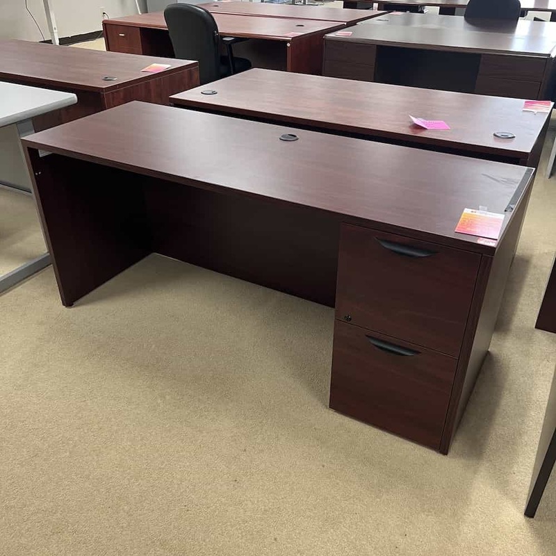 66″ Mahogany and Black Credenza Desk with 1 Pedestal – File/File Office Furniture Liquidations