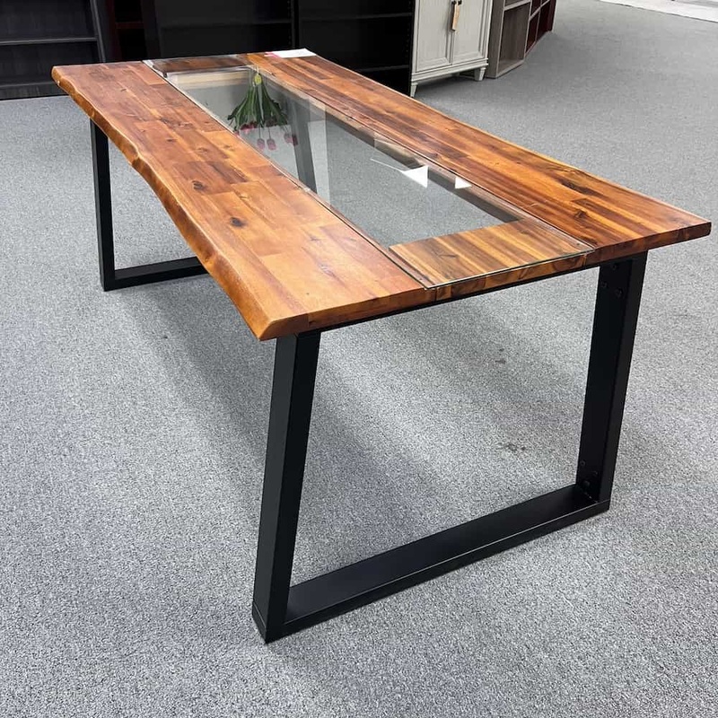 71″ x 34″ Wood Plank and Glass Center Table with Black Legs Office Furniture Liquidations
