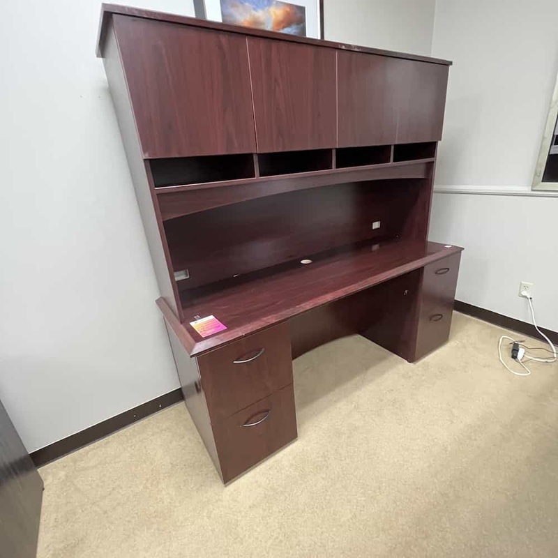 72″ Mahogany Transitional Credenza Desk with 2 Pedestals with Hutch Office Furniture Liquidations