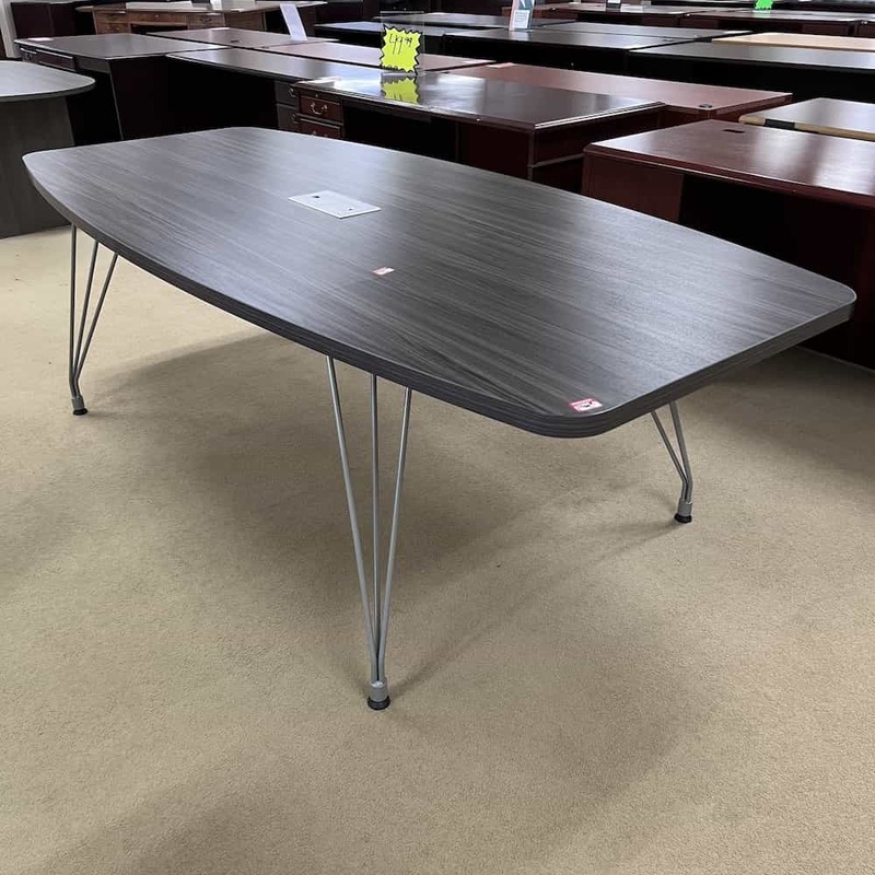 8 Ft Coastal Grey Laminate Boat Shaped Conference Table with Hairpin Legs Office Furniture Liquidations