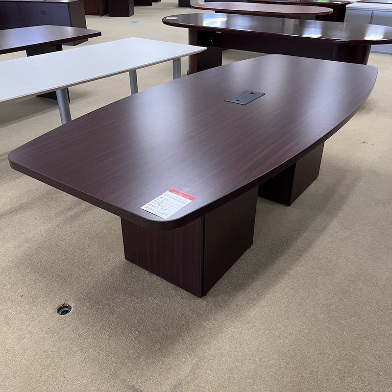 8 Ft Mahogany Laminate Boat Shaped Conference Table with Cabinet Base Office Furniture Liquidations
