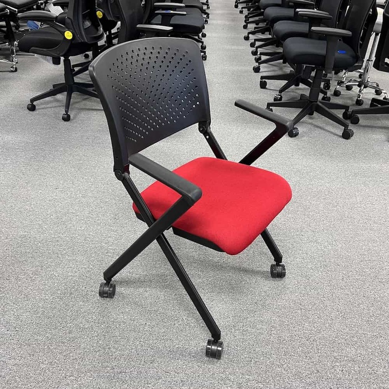 New – Black and Red Conference Rolling Nesting Chairs – Perforated Back Office Furniture Liquidations