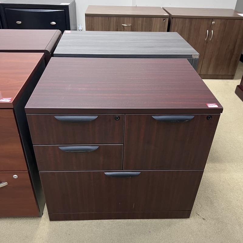 31″ W x 29″ H Mahogany Laminate and Black 4 Drawer Combo Lateral File Cabinet Office Furniture Liquidations