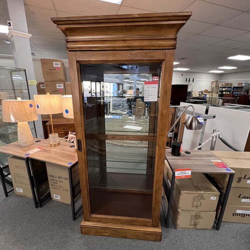 36″ x 78″ Oak Crown Molding Lighted Display Curio with Mirror Back Office Furniture Liquidations
