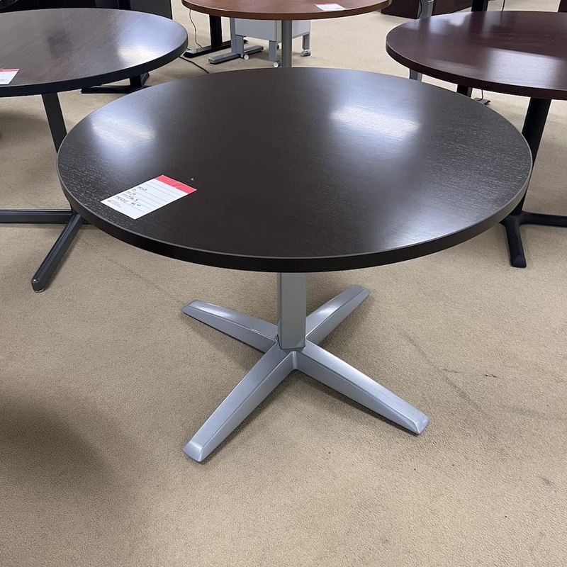 42″ Espresso Laminate Round Break Room Table with Grey Metal X Base Office Furniture Liquidations