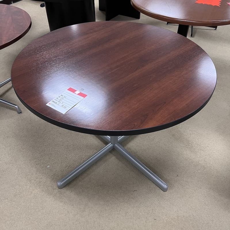 42″ Haworth Mahogany Veneer and Grey Round Break Room Table Office Furniture Liquidations