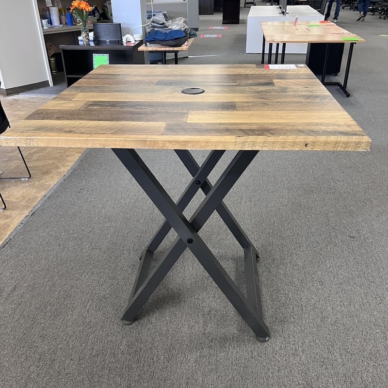 42″ x 42″ VariDesk Reclaimed Wood Laminate and Grey Table – Bar Height Office Furniture Liquidations