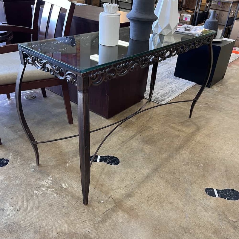 53″ x 20″ Pier 1 Patina’d Brass and Glass Hallway Table Office Furniture Liquidations