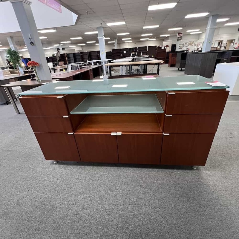 71″ x 23″ Nucraft Cherry Veneer and Glass Buffet Credenza Storage Cabinet Office Furniture Liquidations
