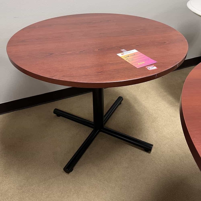 36″ Indiana Cherry and Black Round Break Room Table Office Furniture Liquidations