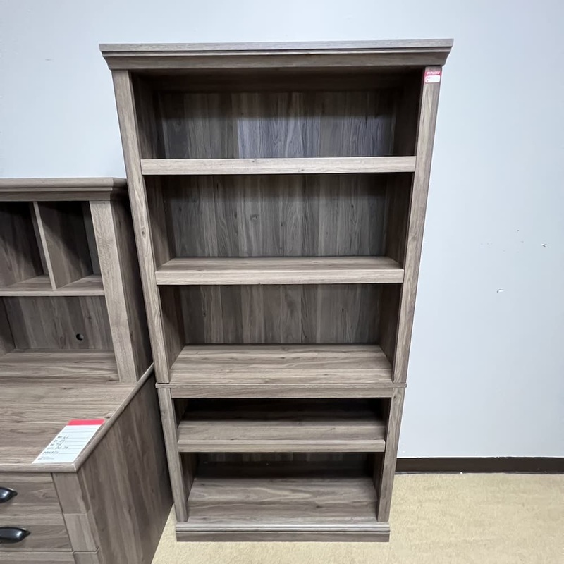 36″ W x 70″ H Sauder Salt Oak 5-Shelf Bookcase Office Furniture Liquidations