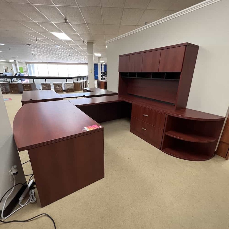 SET 72″ Global Cherry Bow Front U-Desk with Corner Bookcase and Hutch- Right Return Office Furniture Liquidations