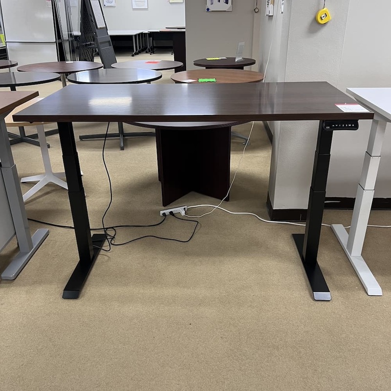60″ x 30″ Haworth Walnut and Black Height Adjustable Programmable Electric Standing Desk Office Furniture Liquidations