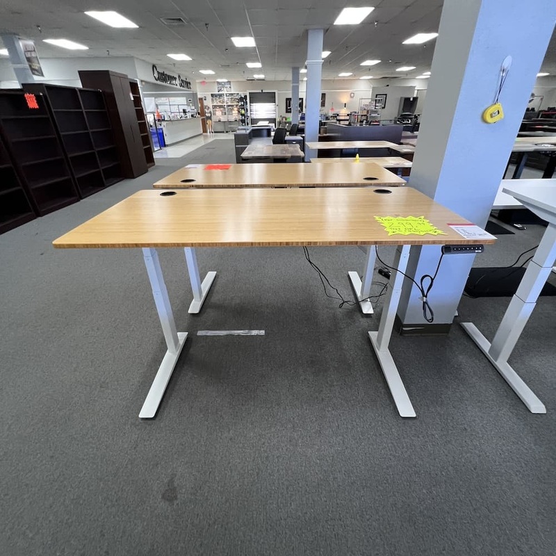 60″ x 30″ Jarvis Bamboo and White Height Adjustable Electric Programmable Standing Desk Office Furniture Liquidations