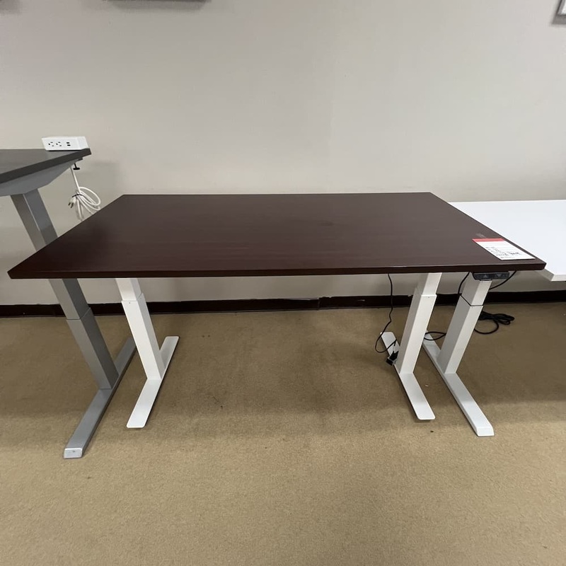 60″ x 30″ Mahogany and White Height Adjustable Programmable Electric Standing Desk Office Furniture Liquidations