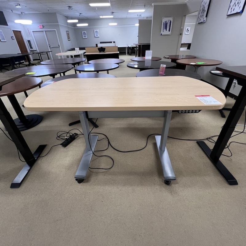60″ x 30″ Steelcase Maple Laminate and Grey Height Adjustable Standing Desk with Wheels Office Furniture Liquidations
