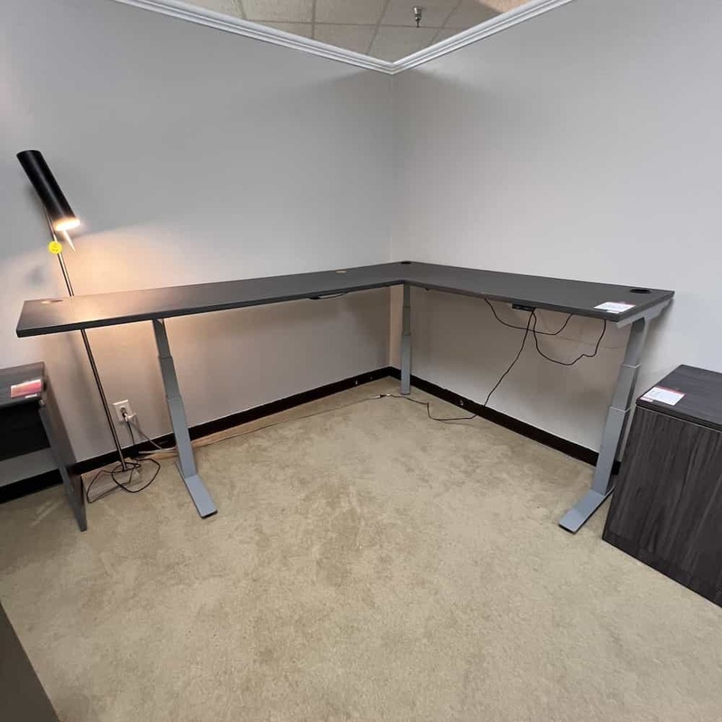 71″ x 95″ Grey Height Adjustable Electric Standing L-Desk – Left Return Office Furniture Liquidations