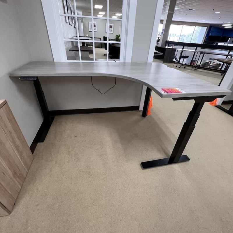 72″ Light Grey and Black Height Adjustable Electric Standing L-Desk – Right Return Office Furniture Liquidations