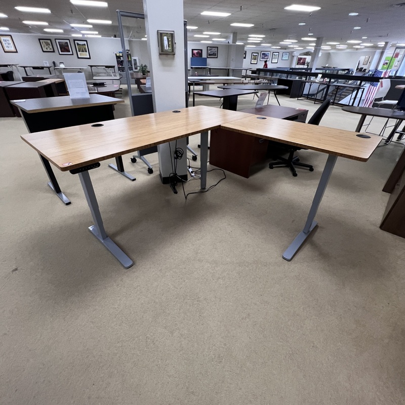 72″ Uplift Bamboo and Grey Programmable Height Adjustable Electric Standing L-Desk Office Furniture Liquidations