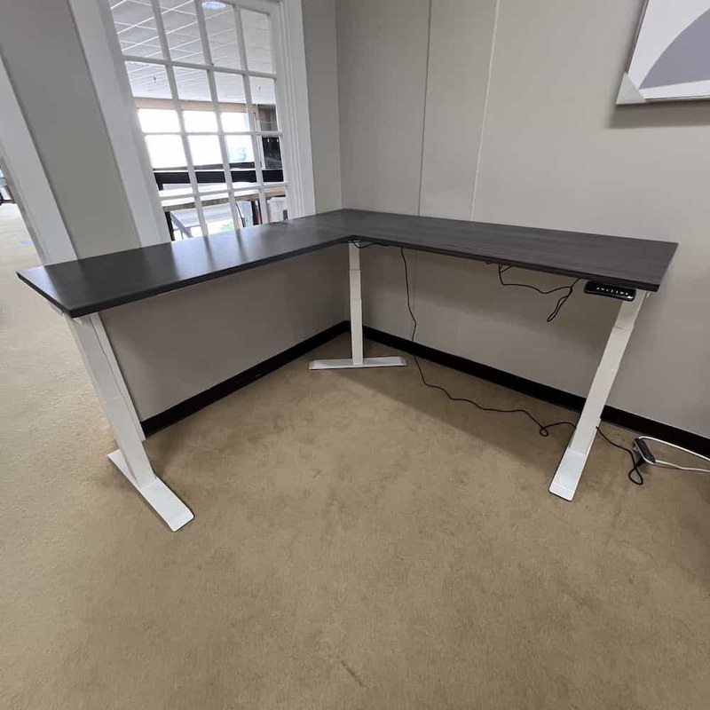 Last One – New – 72″ x 72″ White Base Programmable Height Adjustable Electric Standing L-Desk, Coastal Grey Office Furniture Liquidations