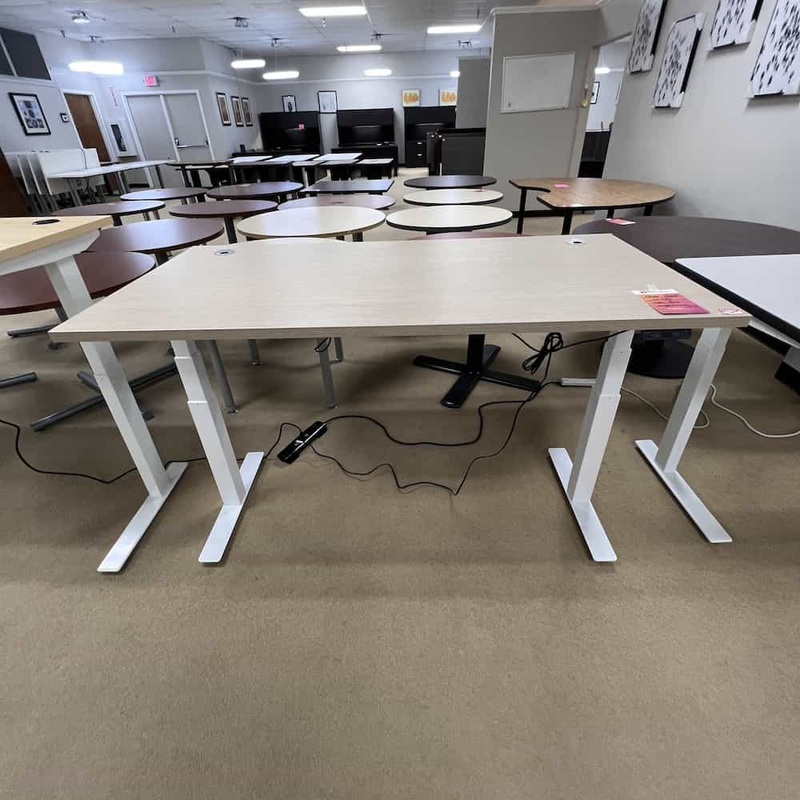 Open Box 60″ x 30″ White Oak and White Height Adjustable Programmable Electric Standing Desk Office Furniture Liquidations