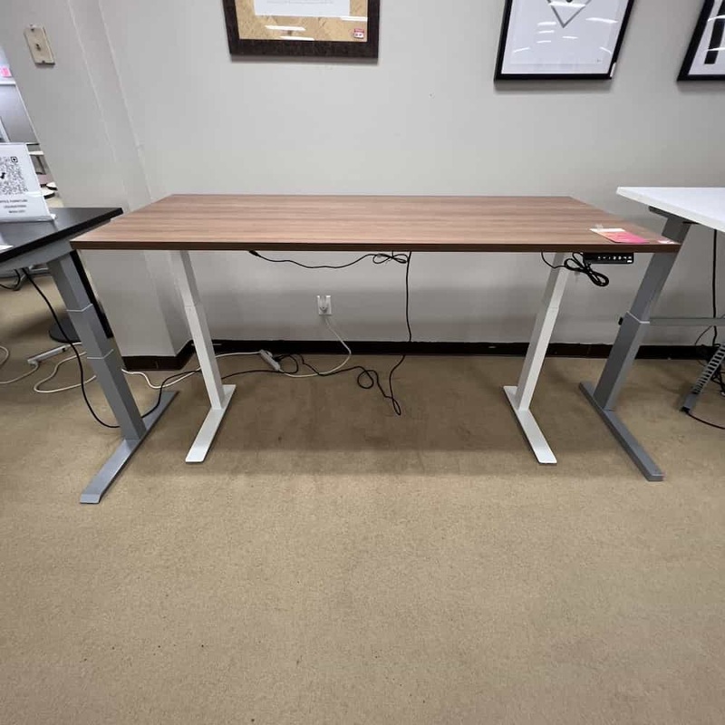 OPEN BOX 70″ x 29″ Walnut and White Height Adjustable Programmable Electric Standing Desk Office Furniture Liquidations