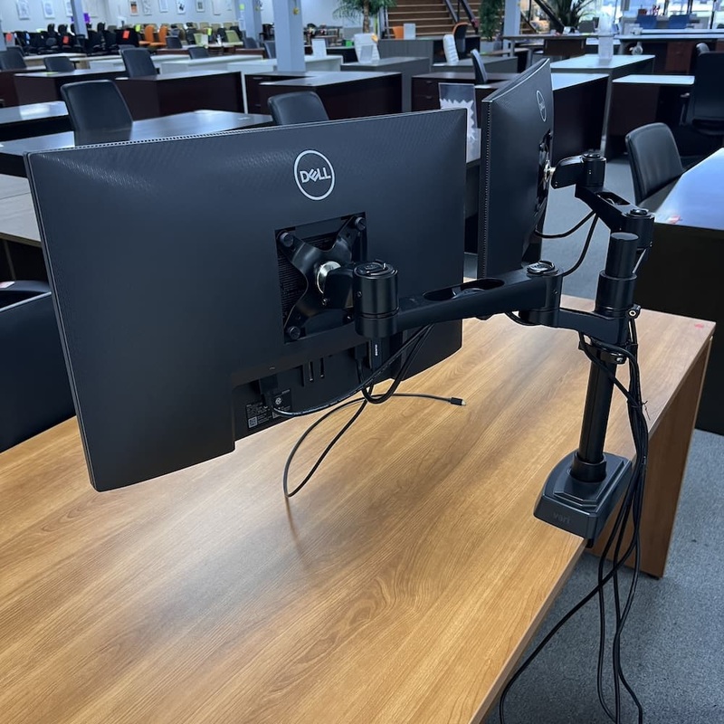 SET – 2 Dell 24″ Black LED Computer Monitors with a Vari Dual-Monitor Arm Office Furniture Liquidations