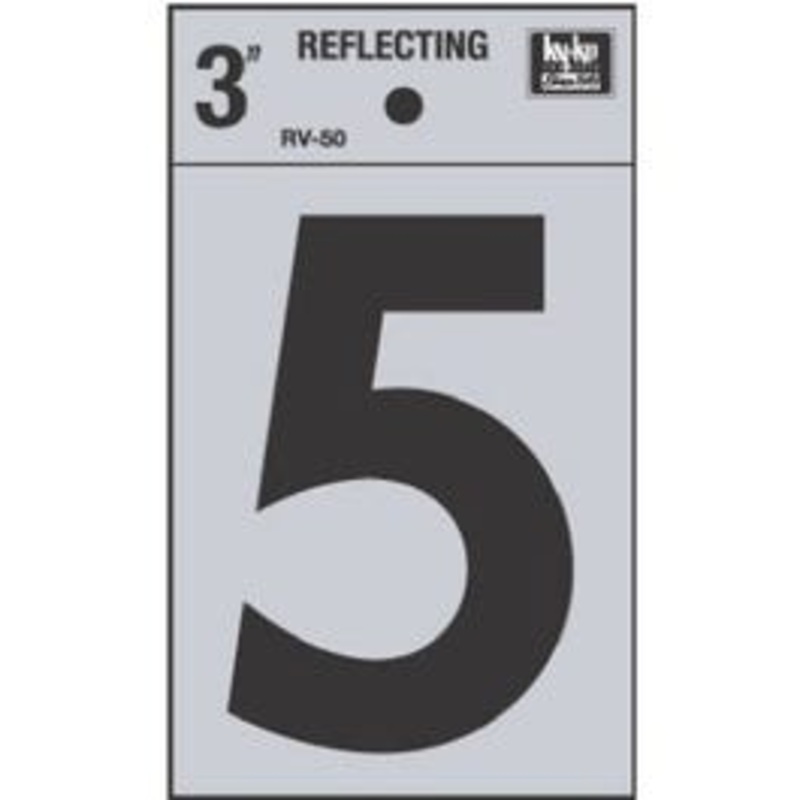 Address Number, “5”, Reflective, Black Vinyl Adhesive, 3-In.